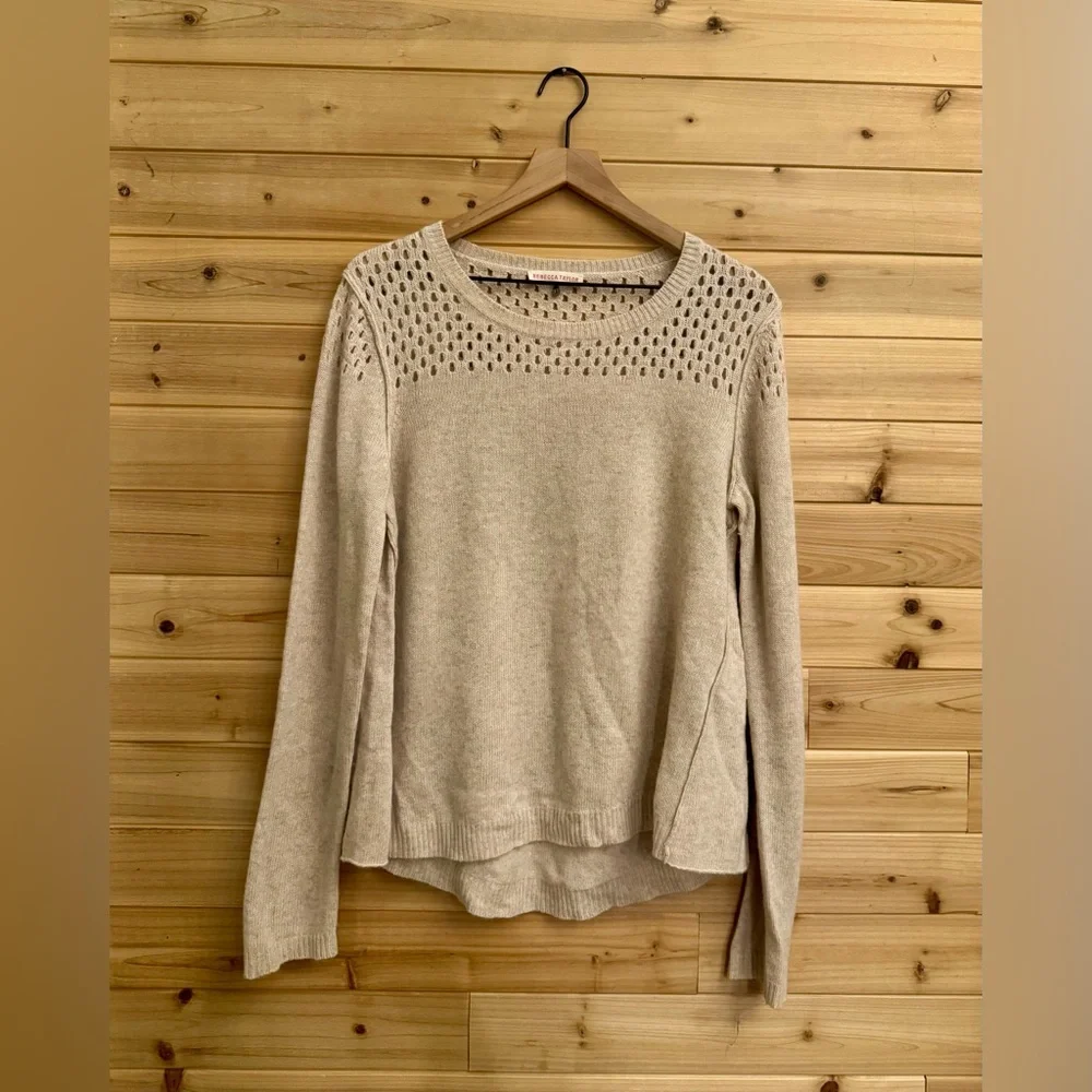 Rebecca Taylor Large Tan Wool Cashmere Blend Crewneck Sweater Cozy Winter Fall